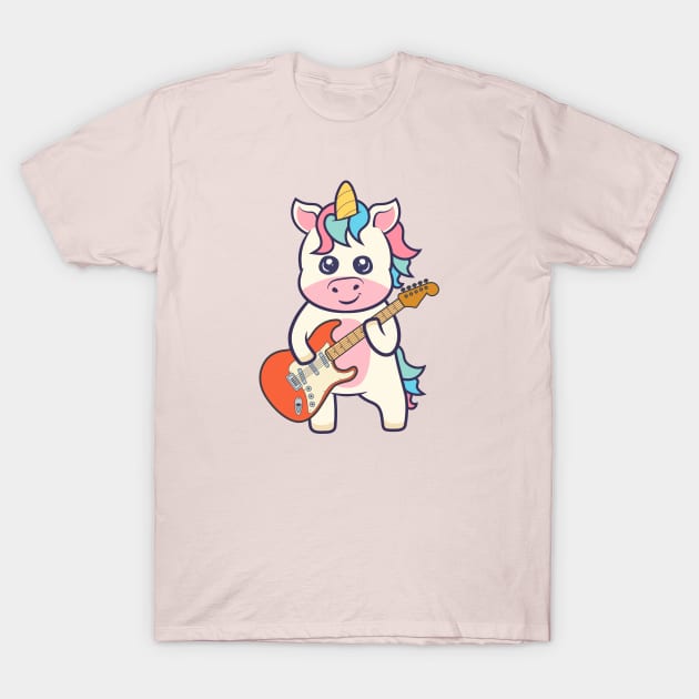 Kawaii Unicorn Playing electric Guitar Funny Rock Music T-Shirt by RayanPod